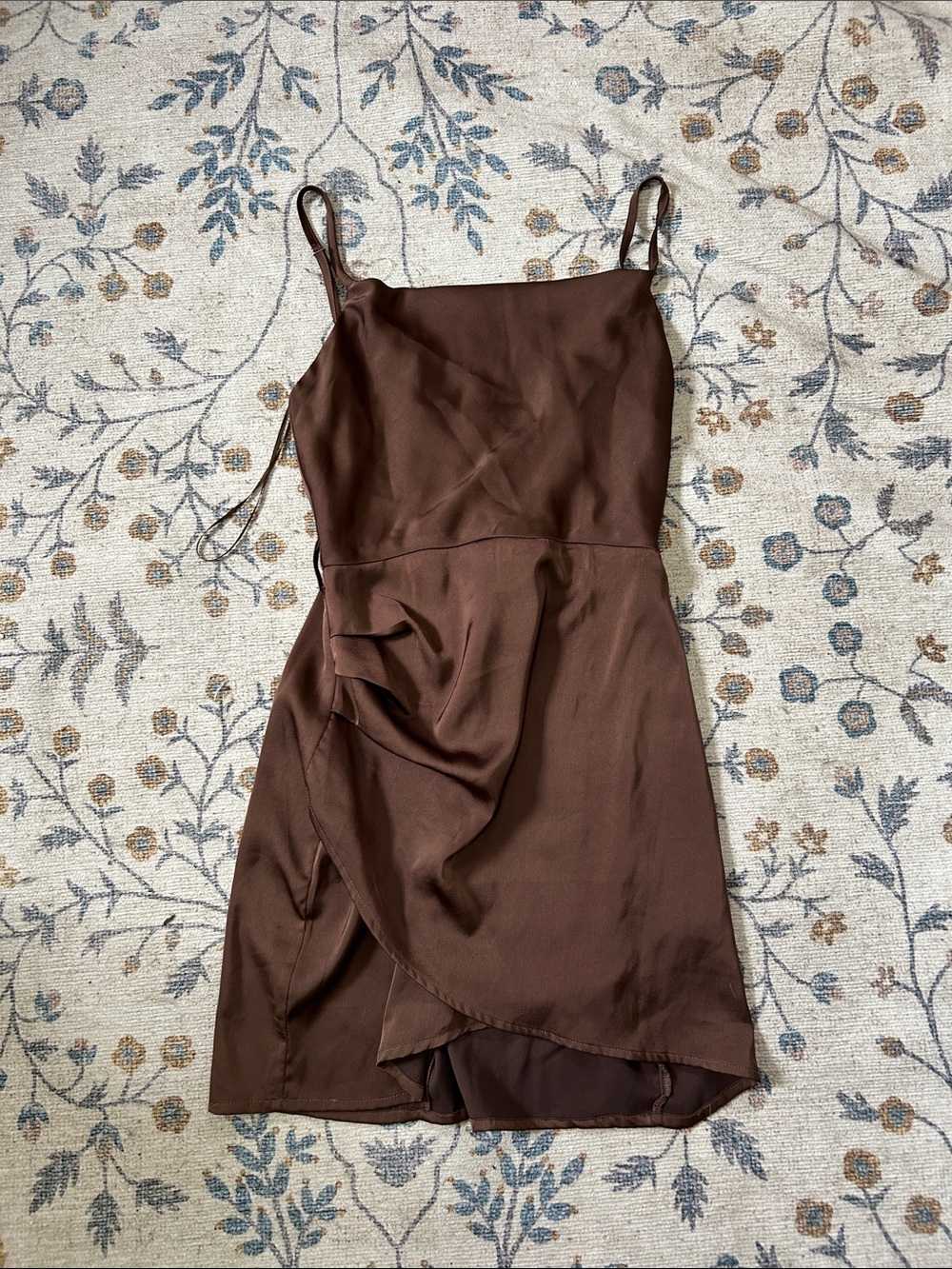Brown Satin Slip Dress with Draped Skirt